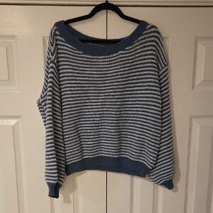 Stylish Off-the-Shoulder Striped Sweater in Blue and White